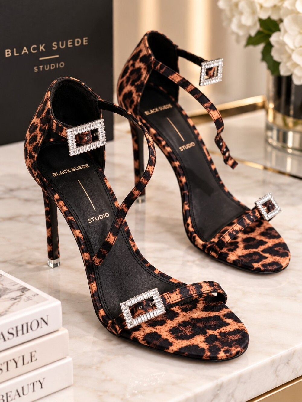 Black Suede Studio Leopard Crystal Buckle Heels Size 36